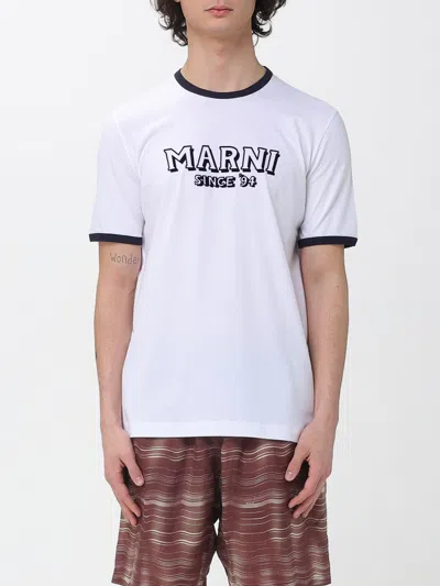 Marni Crew Neck T-shirt With Front Logo And Ribbed Accents In White