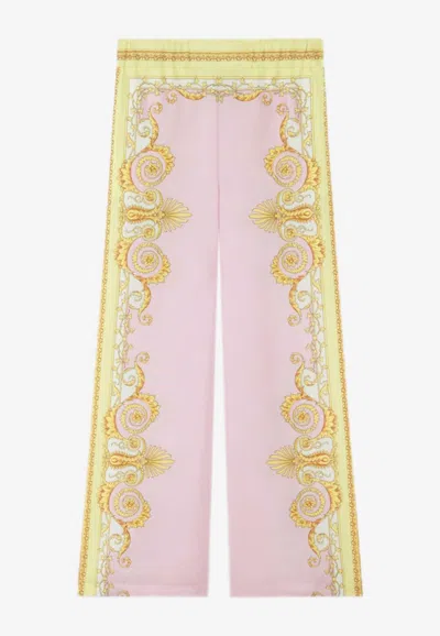Versace Multicolor Trousers With Elastic Waist And All-over Geometric Print In Silk Woman