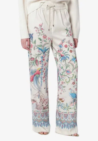 Etro Women White Pants With Elastic Drawstring Waist And All-over Floral Print In Tech Fabric Woman In Multi