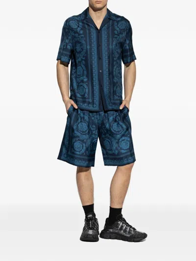 Versace Relaxed Baroque Patterned Silk-nylon Shorts In Blue