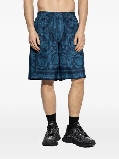 Versace Relaxed Baroque Patterned Silk-nylon Shorts In Blue