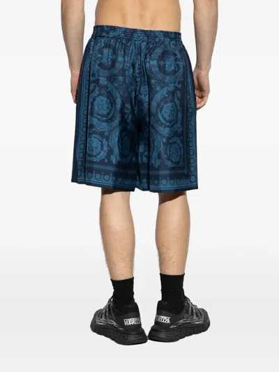 Versace Relaxed Baroque Patterned Silk-nylon Shorts In Blue