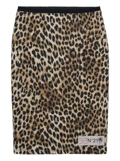 N°21 Kids' Animal-print Logo Midi Skirt In Brown