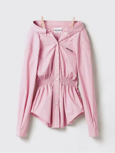 Miu Miu Elasticated Waistband Striped Shirt Mini Dress Clothing In Pink