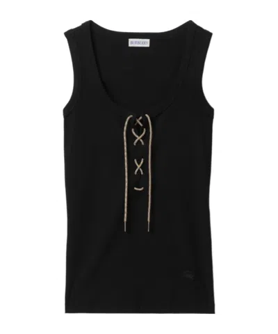 Burberry Ribbed Adjustable Drawstring Tank Top With Equestrian Knight Design In Black