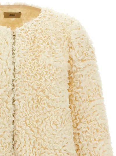 Herno Short Ruffle Jacket Elasticated Hem Round Neck In Neutral