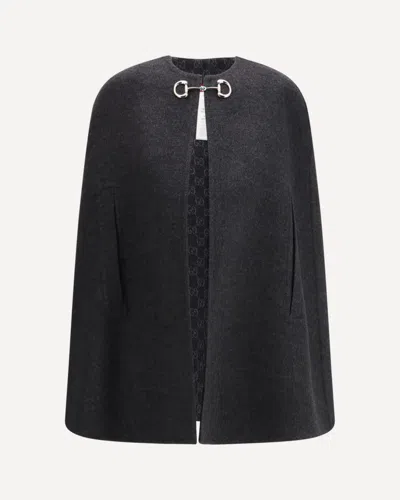 Gucci Women Black Cape With Clamp Closure On The Front And Internal Gg Motif In Wool And Silk Woman In Gray