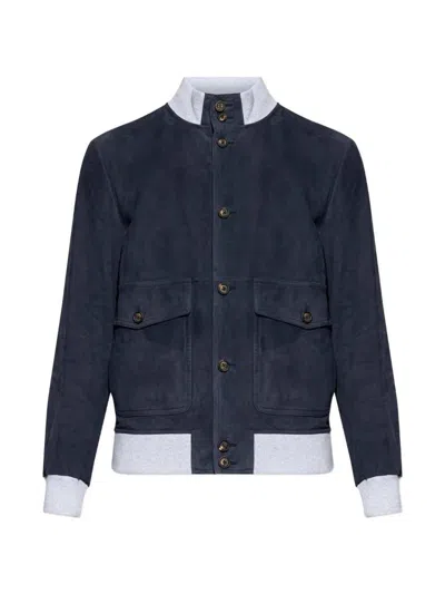 Eleventy Leather Jacket Chest Pockets Front Ribbed Hem In Blue
