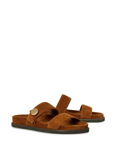 Tory Burch Romy Brown Sandals With Logo Plaque On The Front In Suede Woman In Multi
