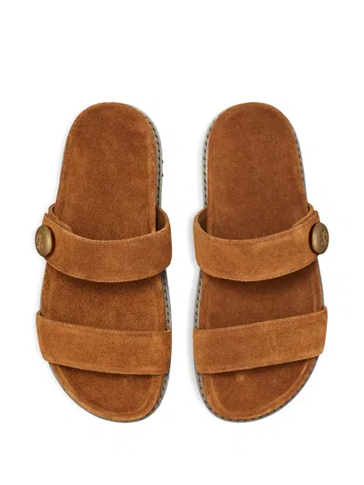 Tory Burch Romy Brown Sandals With Logo Plaque On The Front In Suede Woman In Multi