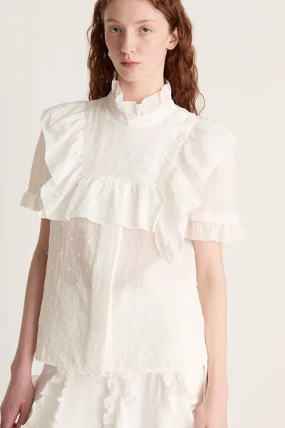 Lee Mathews Martha Ruffled Seersucker Blouse In White