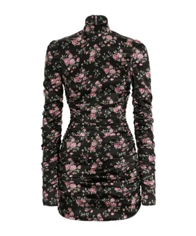 Dolce & Gabbana Black Dress With Floral Print And Side Draping In Silk Woman In Black