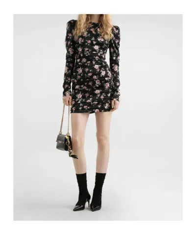 Dolce & Gabbana Black Dress With Floral Print And Side Draping In Silk Woman In Black
