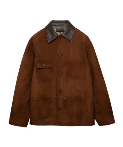 Prada Suede Caban Jacket Vintage Effect Collar In Brown