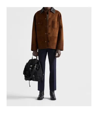 Prada Suede Caban Jacket Vintage Effect Collar In Brown
