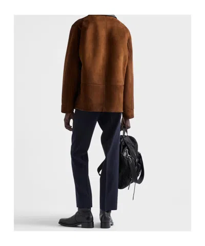 Prada Suede Caban Jacket Vintage Effect Collar In Brown