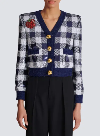 Balmain Cropped Jacket In Gingham Sequins In Blue