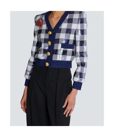 Balmain Cropped Jacket In Gingham Sequins In Blue