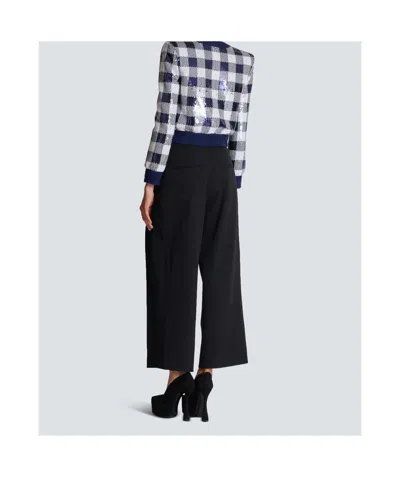 Balmain Cropped Jacket In Gingham Sequins In Blue