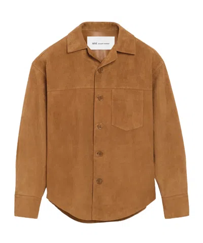 Ami Alexandre Mattiussi Suede Oversize Shirt Long Sleeves Chest Pocket In Brown