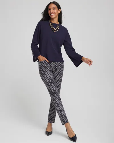 Chico's Button Sleeve Crewneck Pullover In Blue