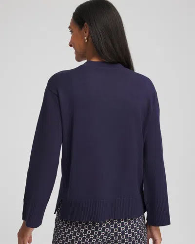 Chico's Button Sleeve Crewneck Pullover In Blue