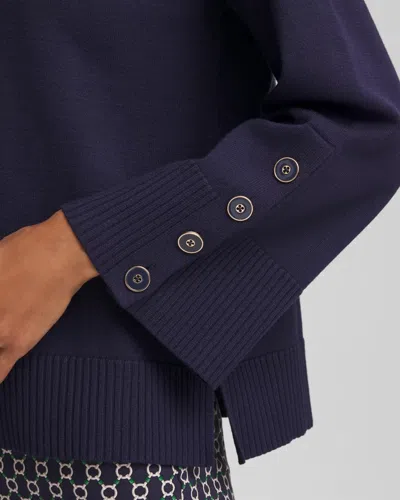 Chico's Button Sleeve Crewneck Pullover In Blue
