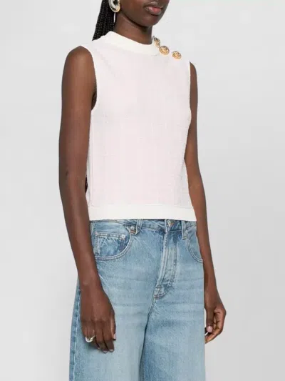 Balmain Knit Top Button Detail Sleeveless Round Neck In White