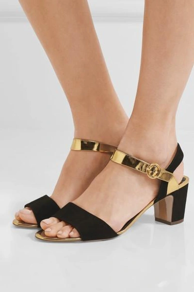 Shop Rupert Sanderson Pythia Suede And Mirrored-leather Sandals