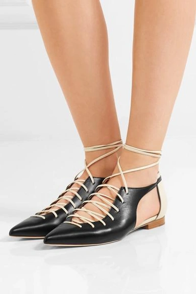 Shop Malone Souliers Montana Lace-up Two-tone Leather Point-toe Flats