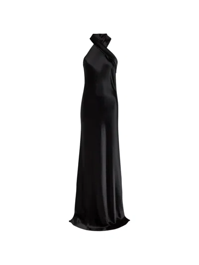 Galvan Pandora Halterneck Satin Gown In Black