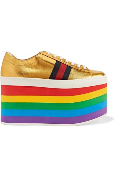 Shop Gucci Metallic Leather Platform Sneakers In Gold