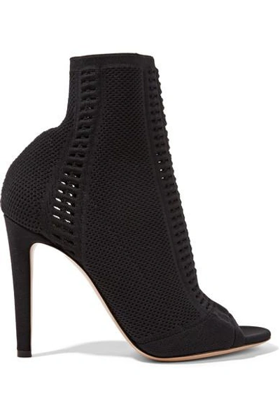 Shop Gianvito Rossi Vires 105 Peep-toe Perforated Stretch-knit Sock Boots In Black