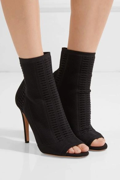 Shop Gianvito Rossi Vires 105 Peep-toe Perforated Stretch-knit Sock Boots In Black