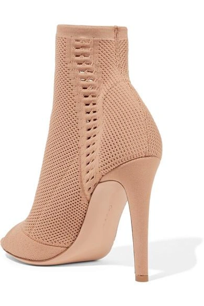 Shop Gianvito Rossi Vires 105 Peep-toe Perforated Stretch-knit Ankle Boots In Sand