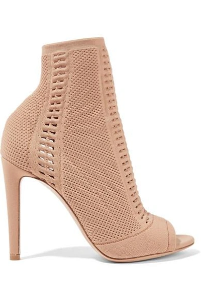 Shop Gianvito Rossi Vires 105 Peep-toe Perforated Stretch-knit Ankle Boots In Sand