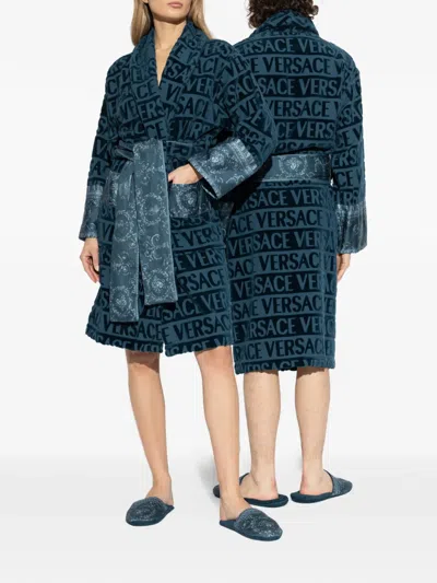 Versace Home Logo-pattern Belted Robe In Blue