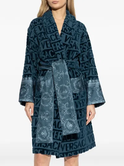 Versace Home Logo-pattern Belted Robe In Blue