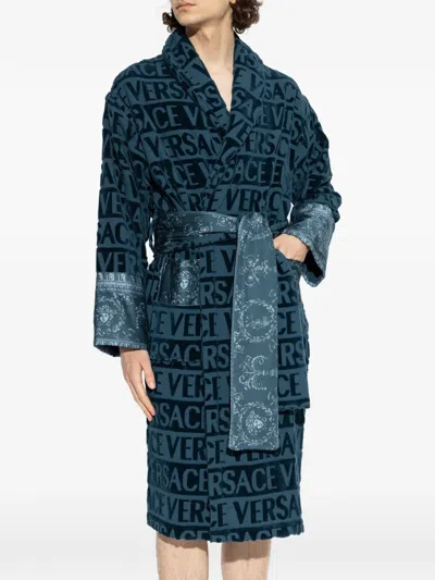 Versace Home Logo-pattern Belted Robe In Blue