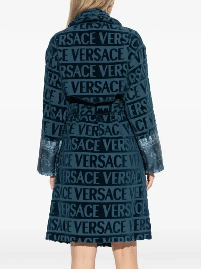 Versace Home Logo-pattern Belted Robe In Blue