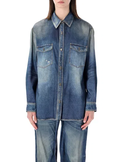Golden Goose Deluxe Brand Women Oversized Shirt With Denim Print In Blue