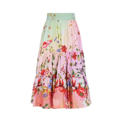 Roberto Cavalli Miami Flowers High Waist Tiered Midi Skirt In Multi