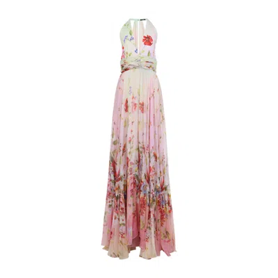 Roberto Cavalli Long Chiffon Dress With Miami Flowers Print In Pink