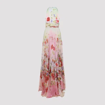 Roberto Cavalli Long Chiffon Dress With Miami Flowers Print In Pink