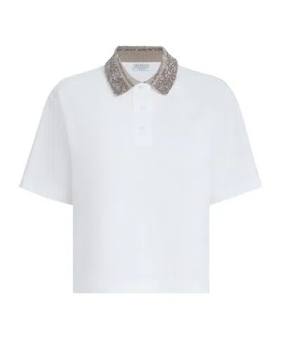 Brunello Cucinelli Women Cotton Jersey Polo Shirt With Dazzling Knit Collar In White