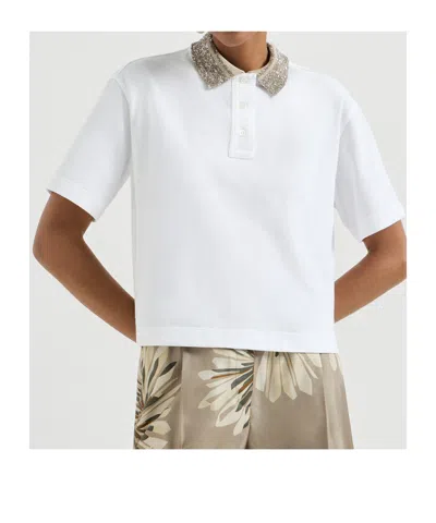 Brunello Cucinelli Women Cotton Jersey Polo Shirt With Dazzling Knit Collar In White