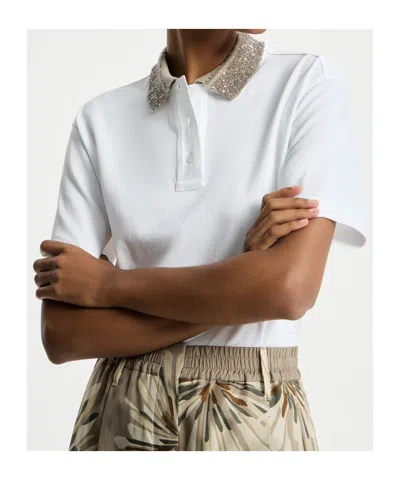 Brunello Cucinelli Women Cotton Jersey Polo Shirt With Dazzling Knit Collar In White