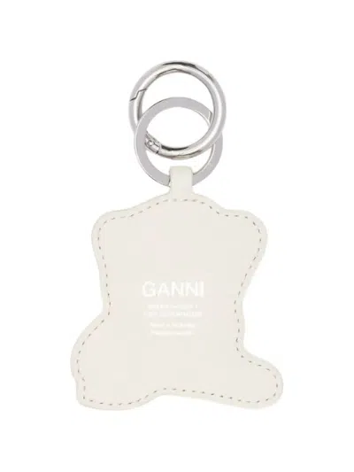 Ganni Women White Leopard Print Charm Keyring In Brown