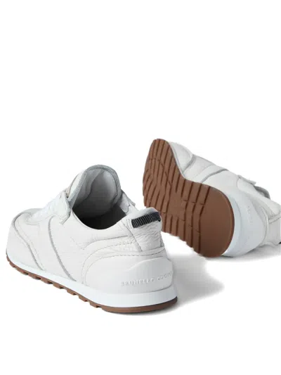 Brunello Cucinelli Grained Soft Leather Runners With Shiny Loops Shoes In White