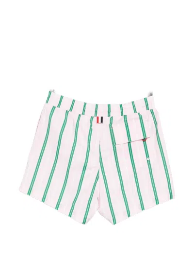 Thom Browne Drawstring Striped Printed Swim Trunks In White